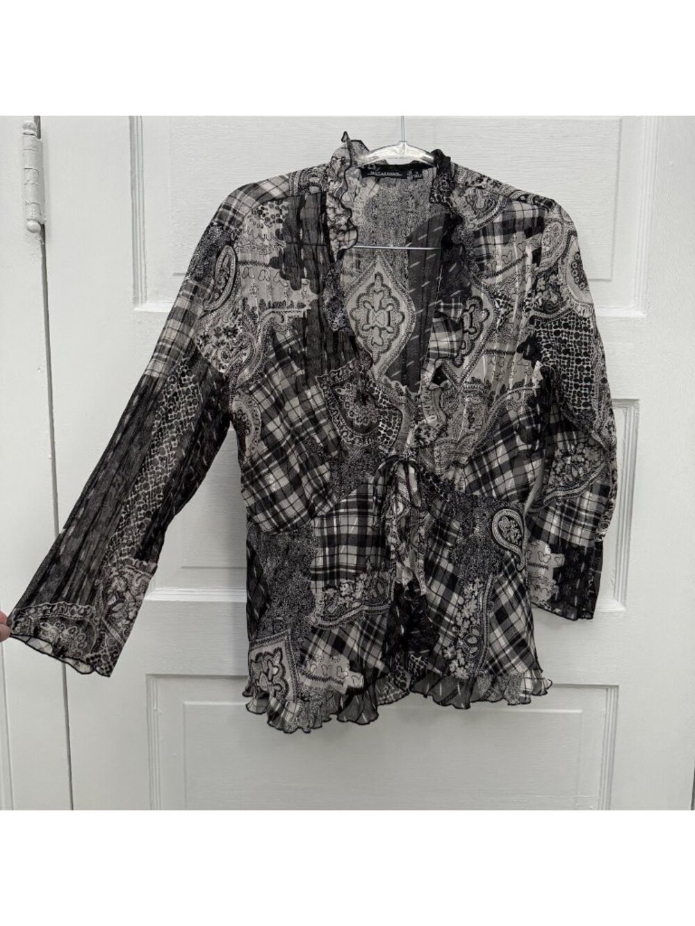 Notations Sheer Patchwork Paisley Plaid Tie Front Ruffle Blouse Women’s S